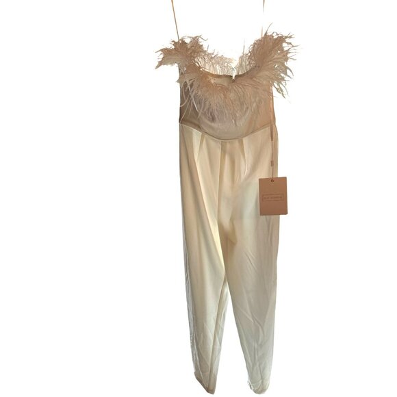 Mac Duggal Strapless Jumpsuit With Feather Trim Size 2 White Crepe Polyester Sle - Picture 5 of 10
